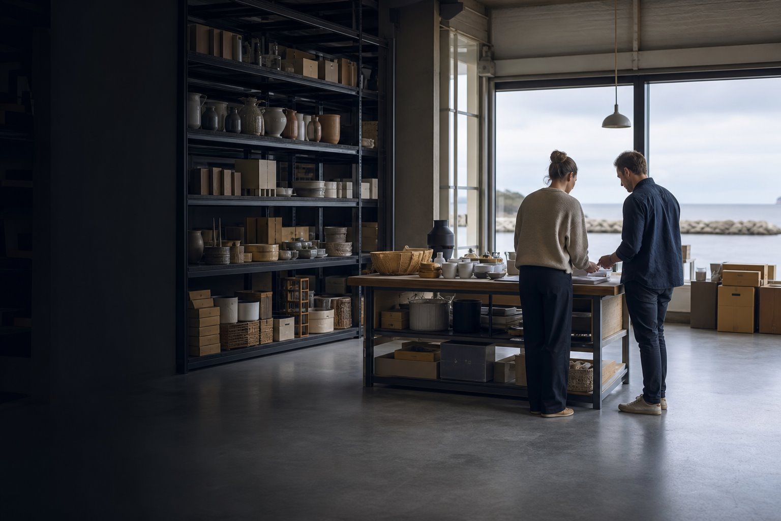 Vareprøver, emballage og materialer organiseret i et handelsforløb